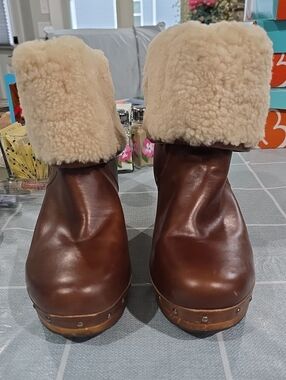 Ugg, Women's Brown Leather Shearling Cuff Ankle Boots